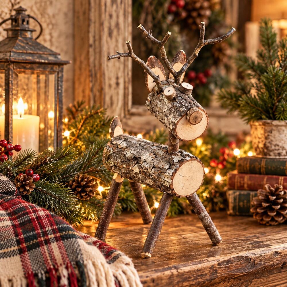 Handmade Rustic Log Reindeer Christmas Decor Twig Antlers Woodland Cabin